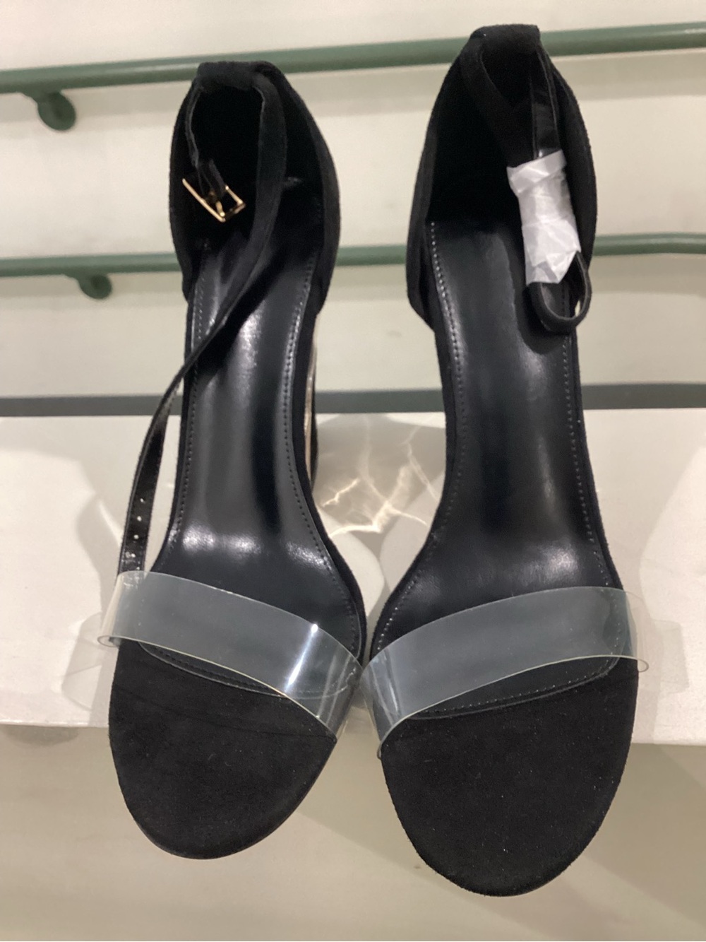 Black Ankle-Strap Heels with Clear Toe Band by